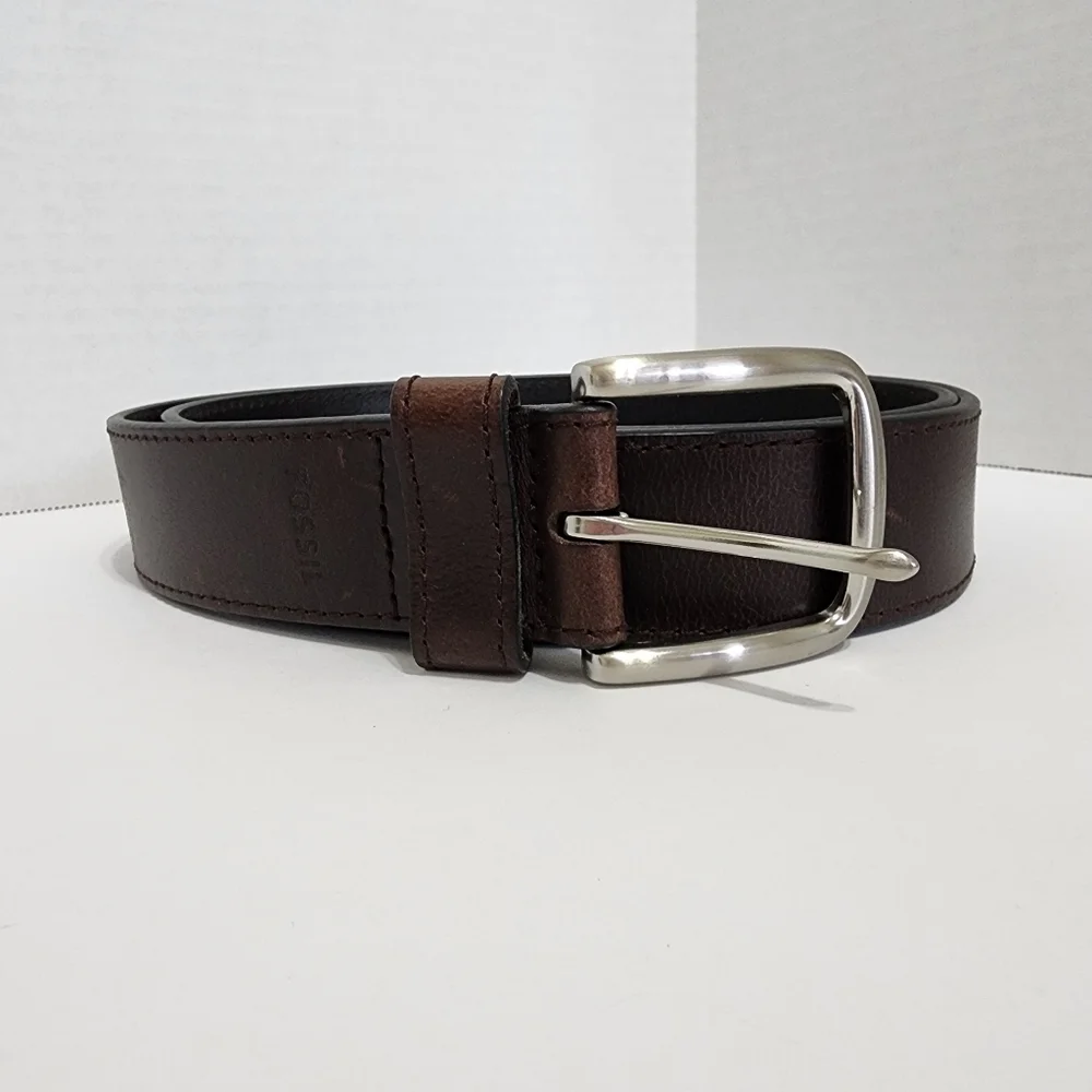 Fossil Brown Genuine Leather Belt Silver Buckle Size 100/40